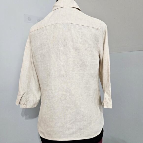 LINEN Button Front 3/4 Roll Tab Sleeves Chest Pocket Neutral Top PM - Picture 3 of 9